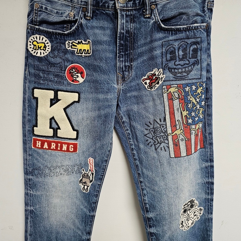 American Eagle x Keith Haring Jeans Mens Blue Slim Fit Embroidered Patches 36x34 - Picture 2 of 5
